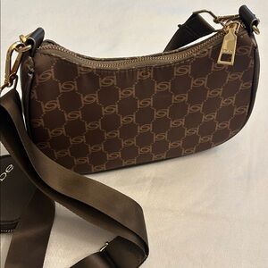 Bebe Chocolate Brown Crossbody Bag with Gold Accents